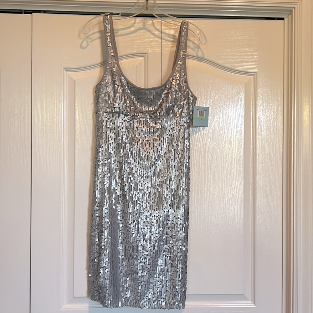 Silver/gray beaded tank dress NWT. Size 8